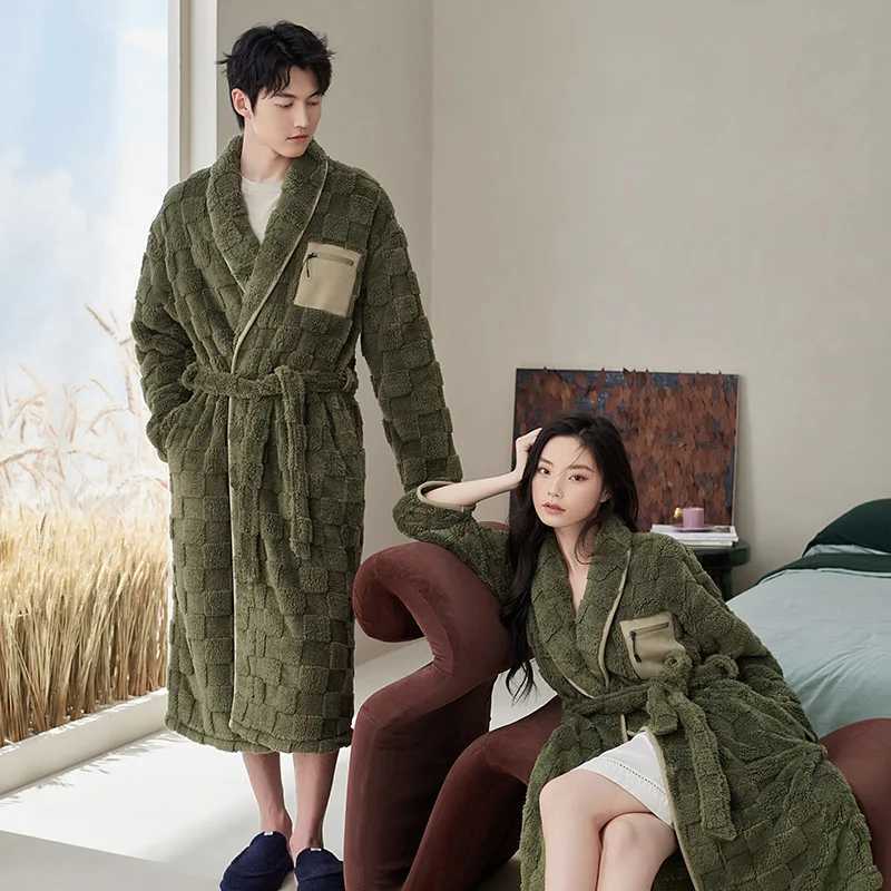 Winter Flannel Couple Long Sleepwear Robes Thick Terry Robe Female Long Sleeve Kimono Warm Bathrobe Home Wear Peignoir Men Robe C251202