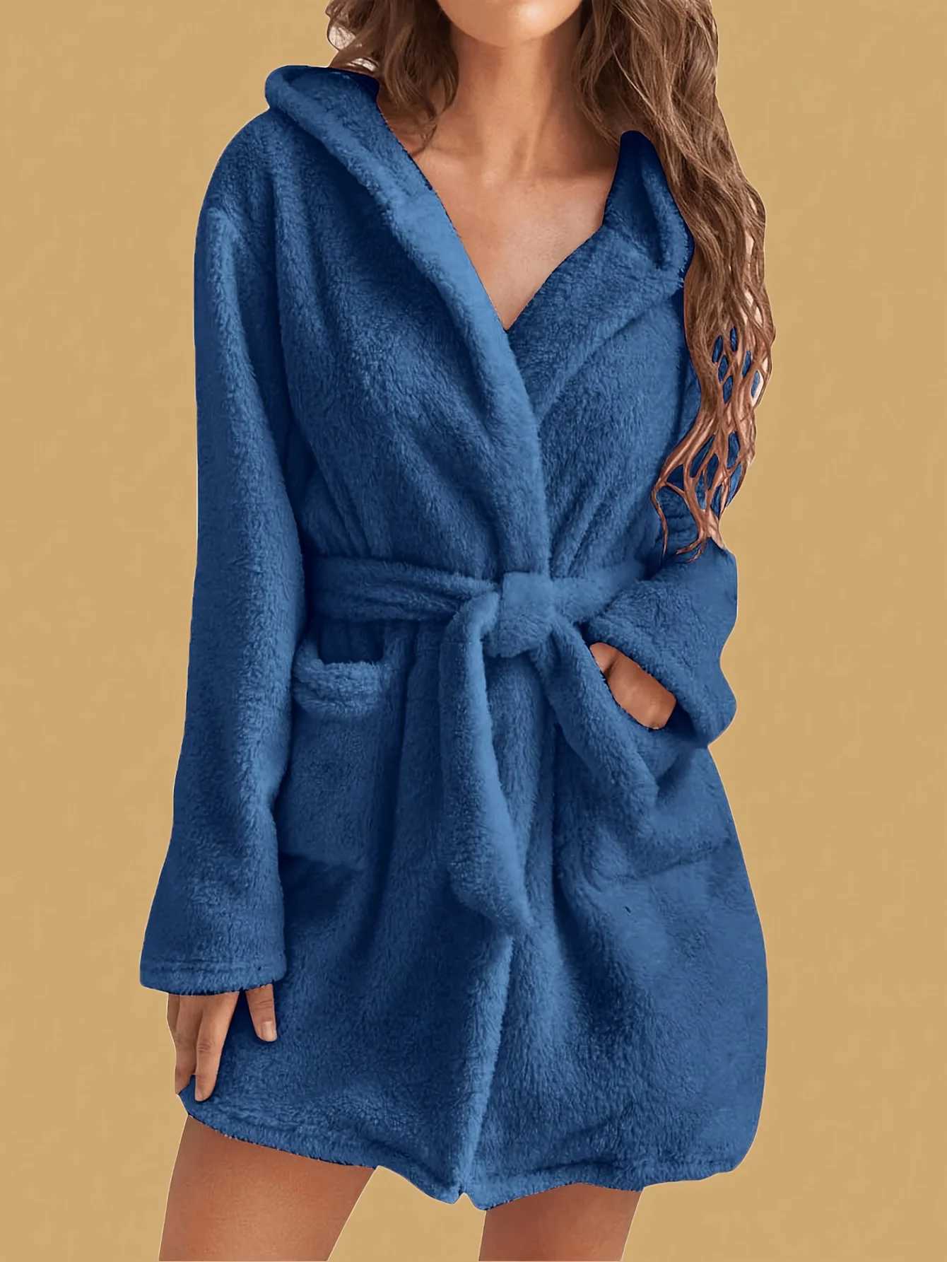 1 piece of womens solid color hooded robe with belt cozy and warm fleece pajamas for home wear in autumn and winter C251202