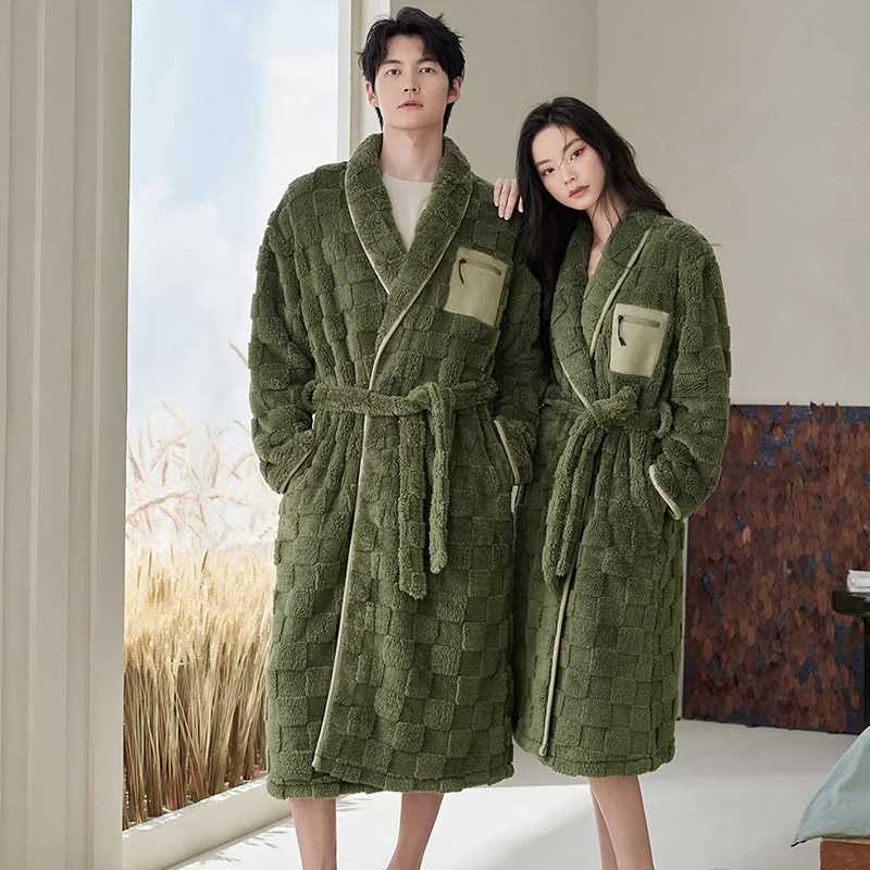 Winter Flannel Couple Long Sleepwear Robes Thick Terry Robe Female Long Sleeve Kimono Warm Bathrobe Home Wear Peignoir Men Robe C251202