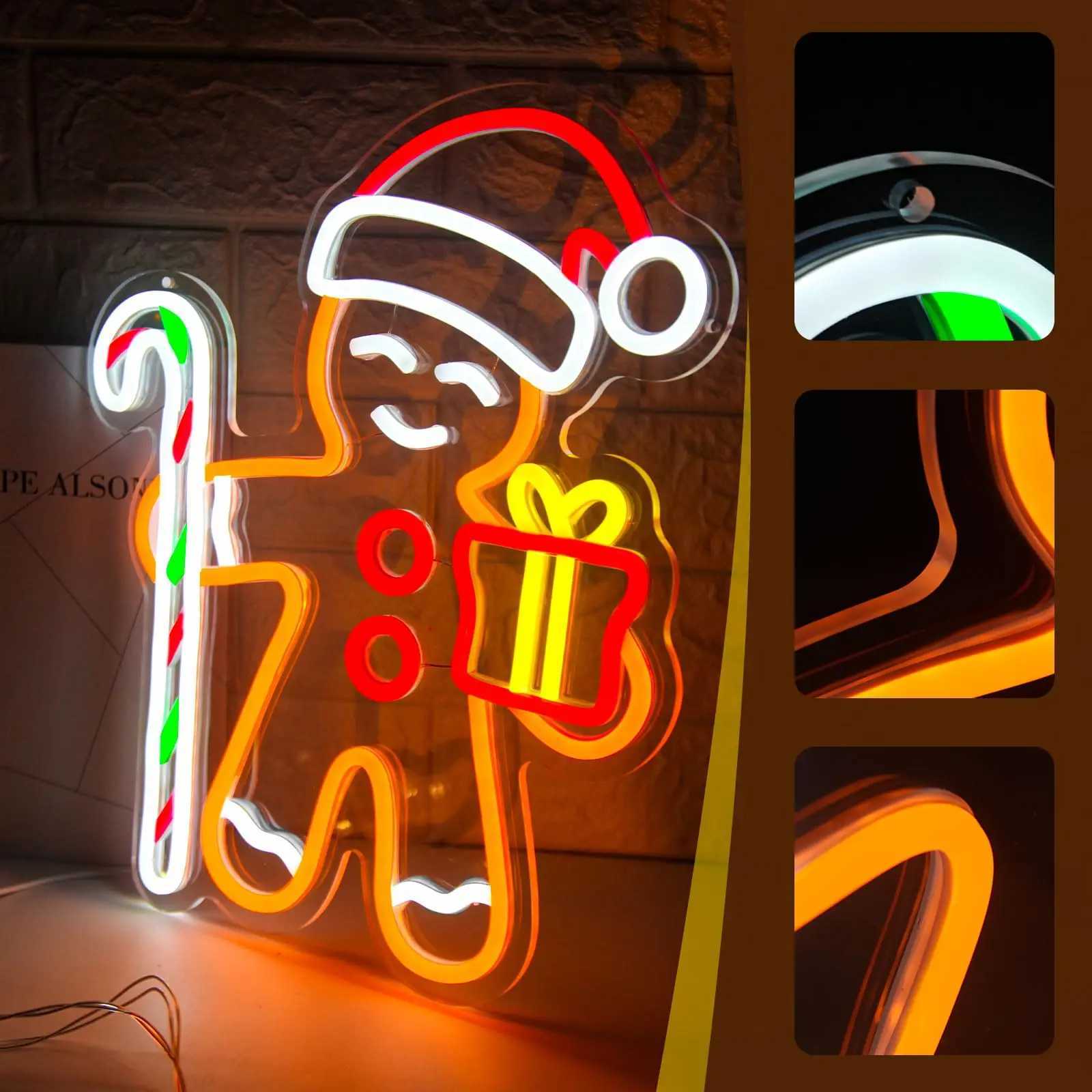 Gingerbread Man LED Neon Sign for Wall Decor Christmas Dimmable Lights Living Room Kids Room Holiday Party Window Festive Gift H251201