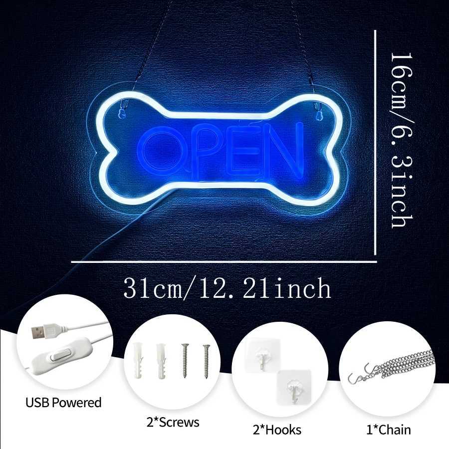 Open Neon Sign Bone Icon Blue Letter Light Usb Powered Very Suitable For Shops Pet Shops Bars Game Rooms Business Signs H251201
