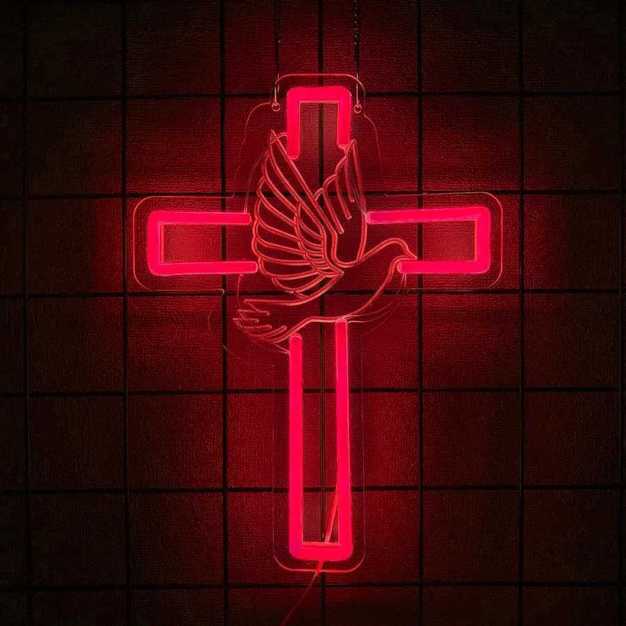 Neon Sign Of Cross Icon Of Dove Of Peace And Jesus Powered By Usb Used For Decor Of Rooms Churches And Religious Activities H251201