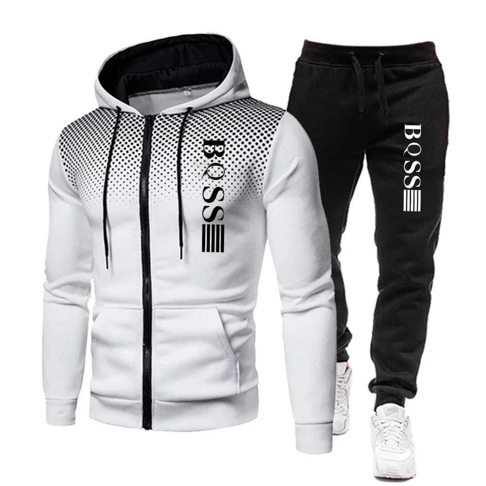Fashion Print Tracksuit for Men Zipper Hooded Sweatshirt and Sweatpants Two Pieces Suits Male Casual Fitness Jogging Sports Sets W251202
