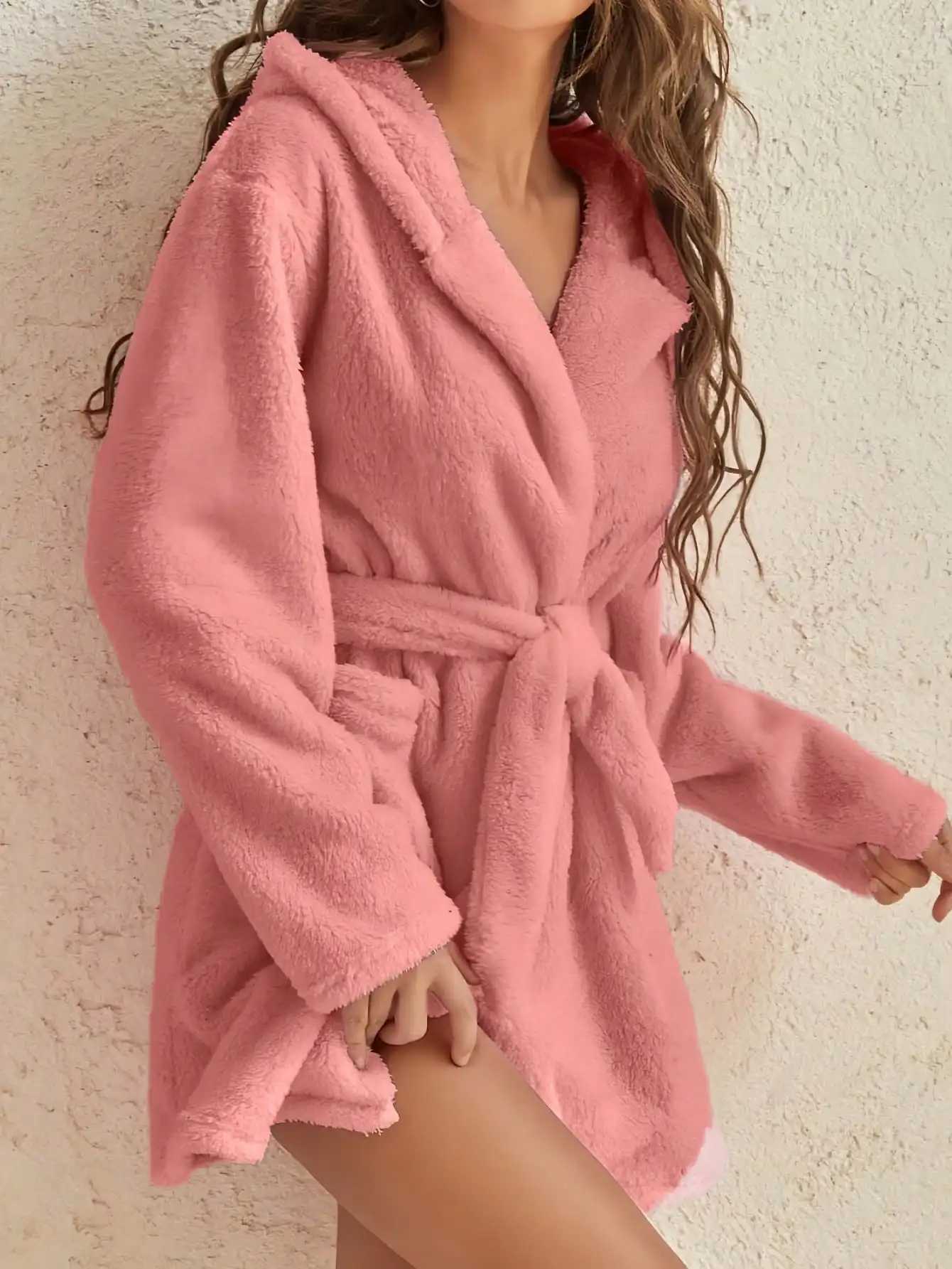 1 piece of womens solid color hooded robe with belt cozy and warm fleece pajamas for home wear in autumn and winter C251202