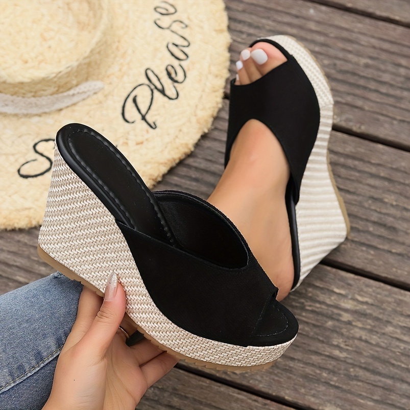 Women's Elegant Fish Mouth Open Overlay Sandals Thick Bottom Slope Heel, Breathable Fabric Upper and Non-slip Rubber Sole, Black and Beige Color 