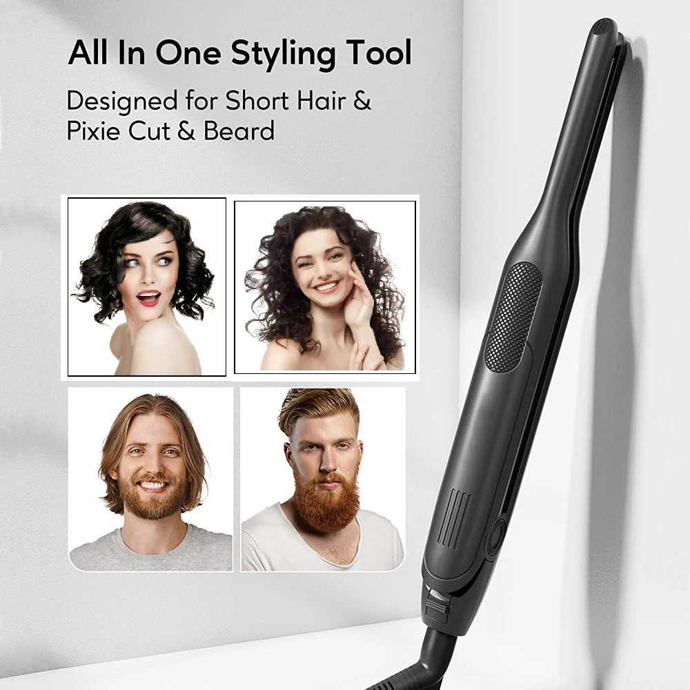 Mini Hair Curler 2 in 1 Pencil Hair Straightener Titanium Plate Thinnest Narrow Flat Iron with LED Display for Short Beard Hair C251202