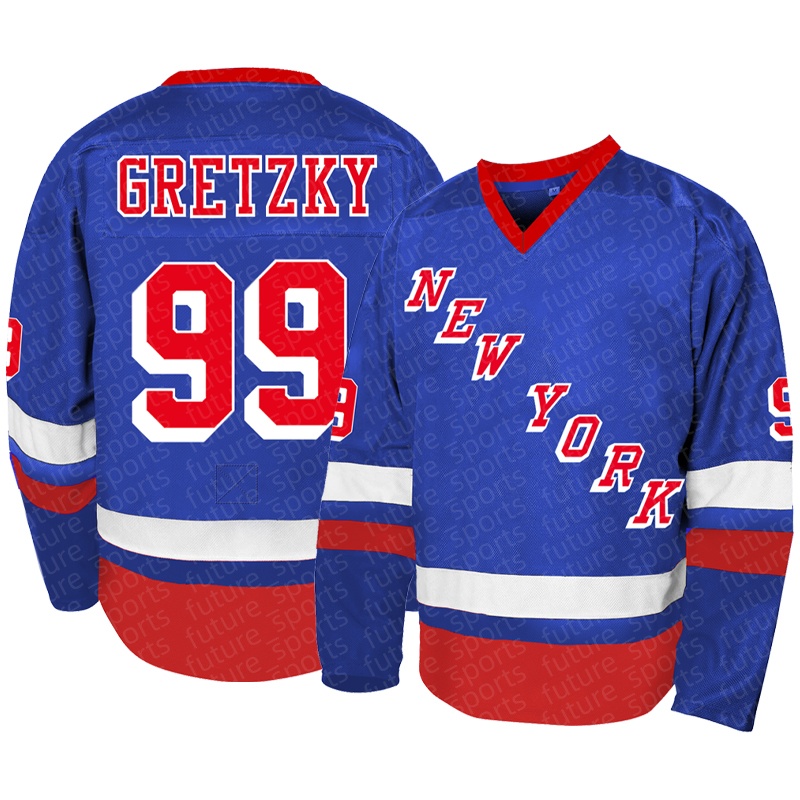 Men's 99 Blue GRETZKY Classic Long Sleeve New York V-neck Ice Hockey Jersey, Fashionable Letter Embroidery, Sports and Leisure, Suitable for Outdoor Sports