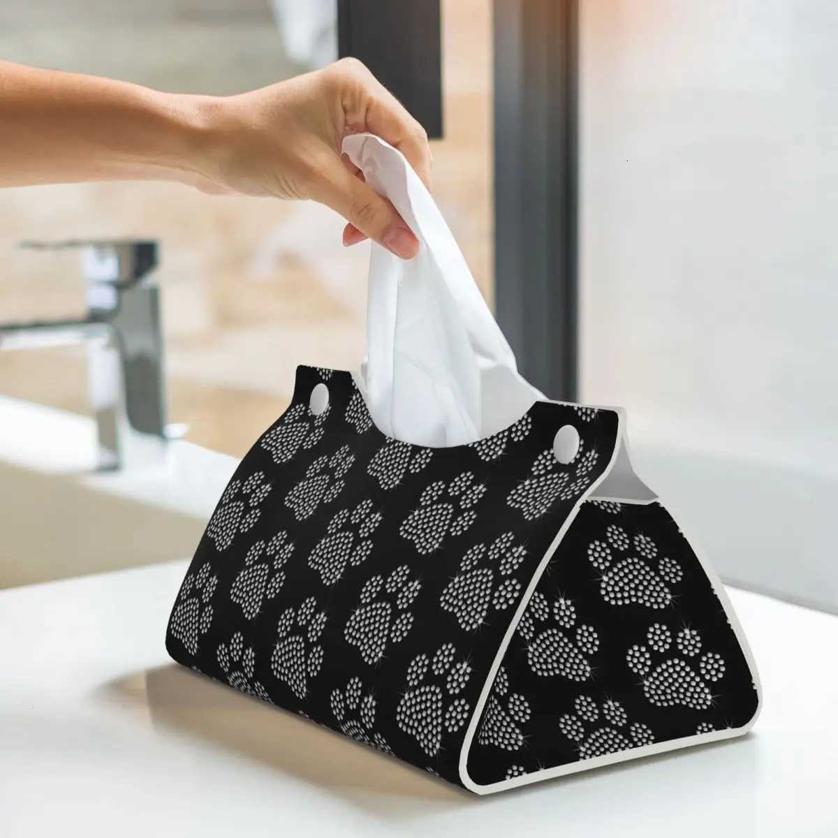 Cust Sparkle Rhinestone Dog Paw Tissue Box Cover Rectangar PU Leather Facial Tissue Box Holder for Bathro Toilet H251201