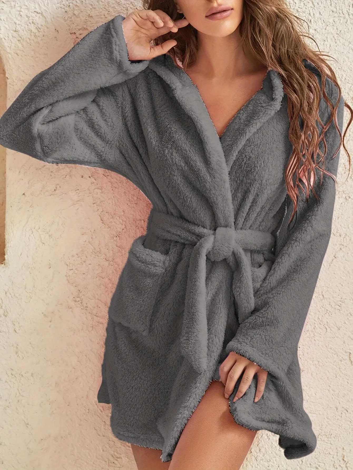 1 piece of womens solid color hooded robe with belt cozy and warm fleece pajamas for home wear in autumn and winter C251202