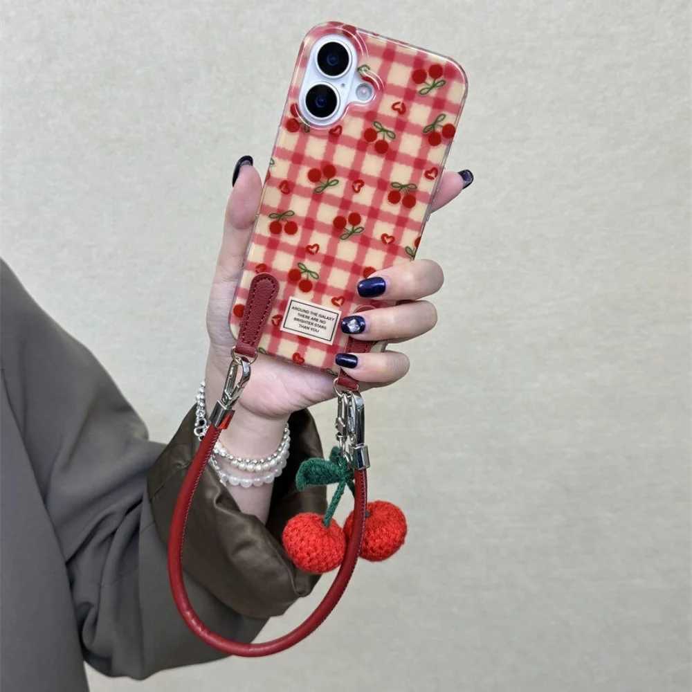Stylish Cute Cherry Pendant Grid Pattern Case For iPhone 17 Pro Max 16 Pro Max 15 14 Pro 13 12 11 Plus Crossbody Lanyard Cover J251202