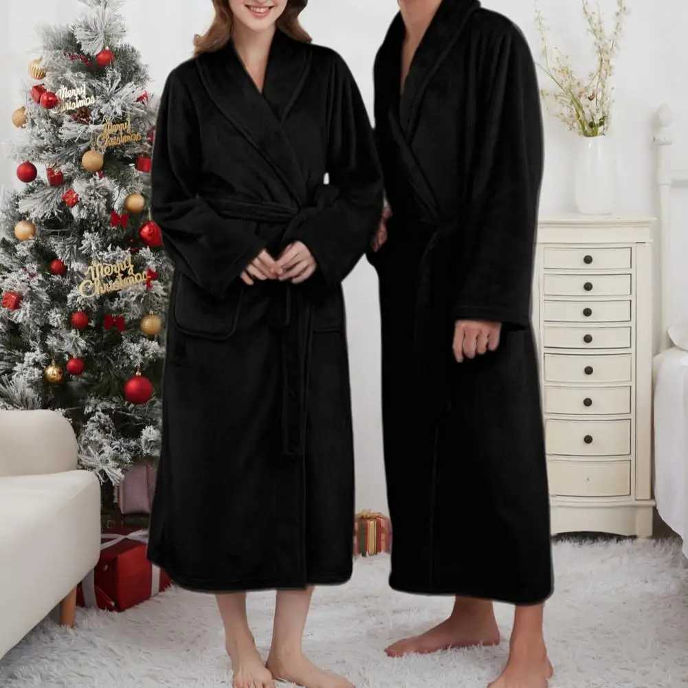 Flannel Bathrobe Waist Tie Nightgown Lapel Long Sleeve Flannel Long Bathrobe Couple Loungewear Bath Robe Nightwear C251202