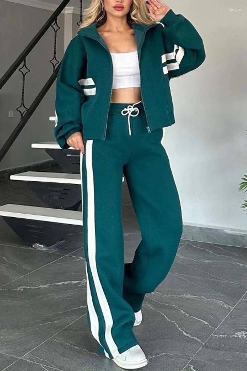 Women's American Striped Zipper Tracksuit Casual Fashion Long Sleeve Stripe Pattern Coat Comfortable Leisure Style Tow-piece Set Autumn Winter