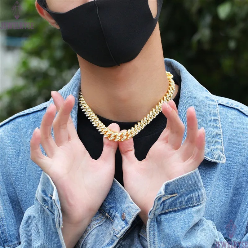 12mm hip hop jewelry cuban link chain mens gold necklace designer chain for man Diamond Iced Out Alloy Chains Austrian Rhinestone Long Silver Necklace