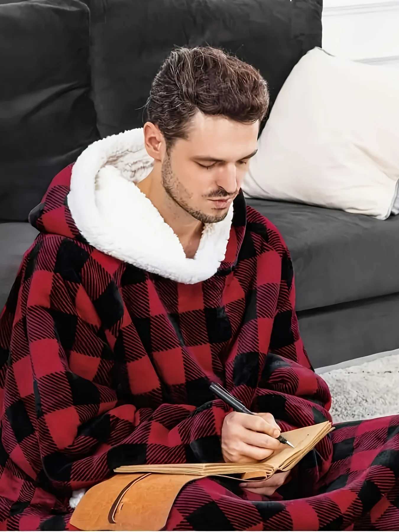Cozy Mens Flannel Robe - Black Red Plaid Hooded Bathrobe Warm Pajama with Pockets Perfect Comfort Wear C251202