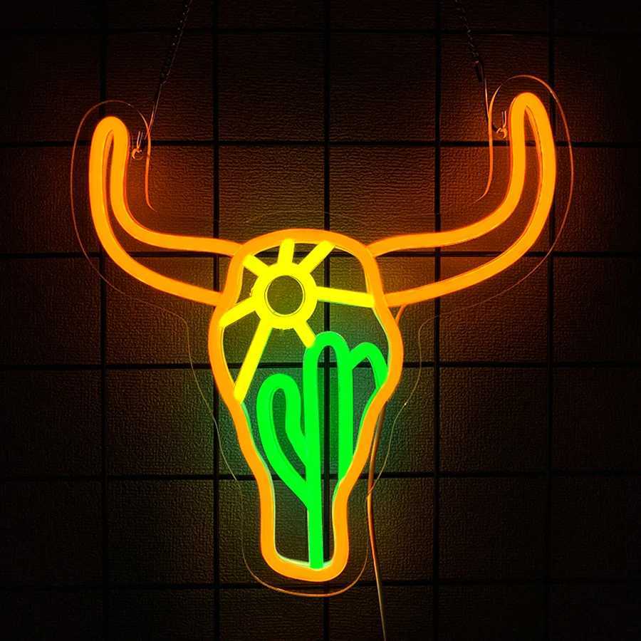 Bar Led Neon Sign Longhorn Skull Icon Wall Decor Bedroom Office Bar Man Cave Game Room Club Wall Lamp Usb Powered H251201