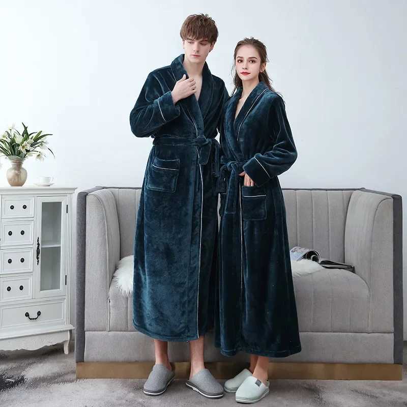 New Arrival Thickened Coral Fleece Bathrobe - Autumn Winter Flannel Long Sleepwear Men Female Couple Warm Nightgown Loungewear C251202