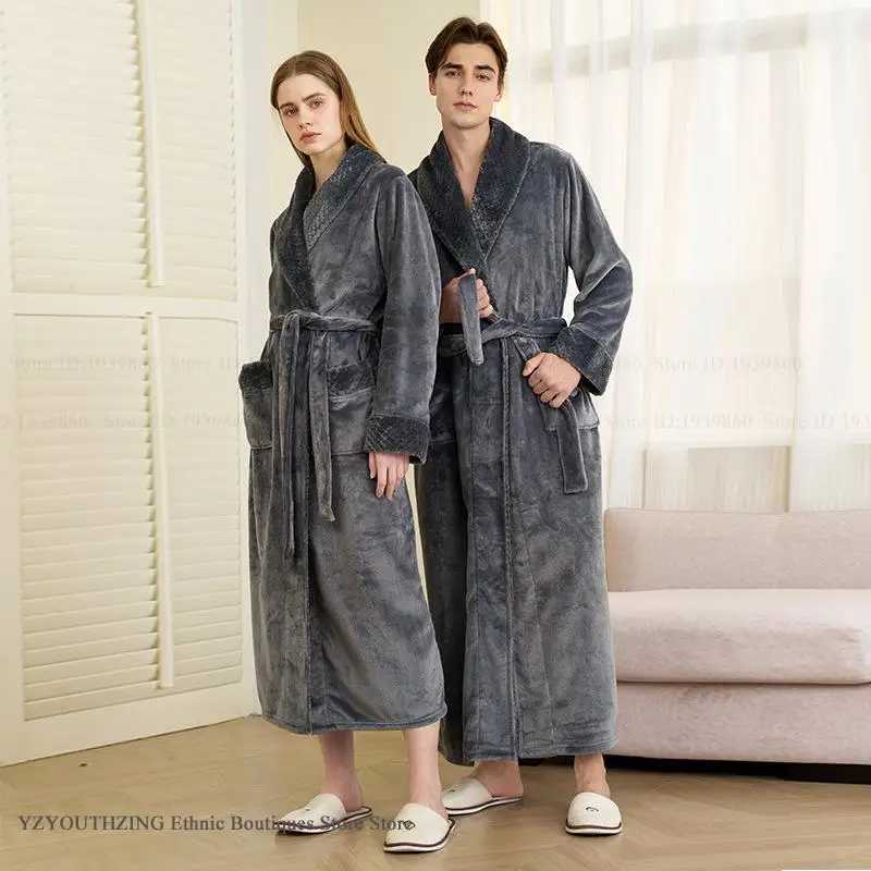 Plus Size Thicken Flannel Couple Long Robe Loungewear Autumn Winter Coral Fleece Sleepwear Home Dress Loose Bathrobe Nightwear C251202