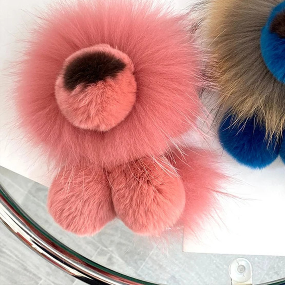 Cute Real Rex Rabbit Fur Simba Lion Bag Charm Car Key Charm Metal Ring Ornaments Kids Birthday Gift 240112