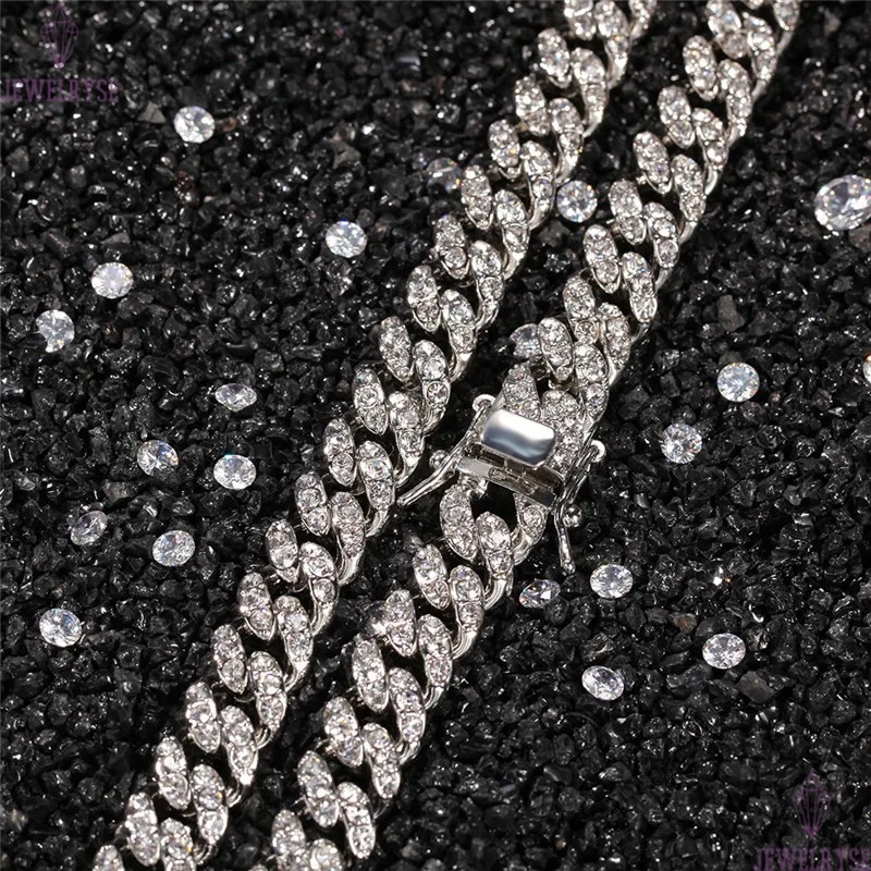 12mm hip hop jewelry cuban link chain mens gold necklace designer chain for man Diamond Iced Out Alloy Chains Austrian Rhinestone Long Silver Necklace