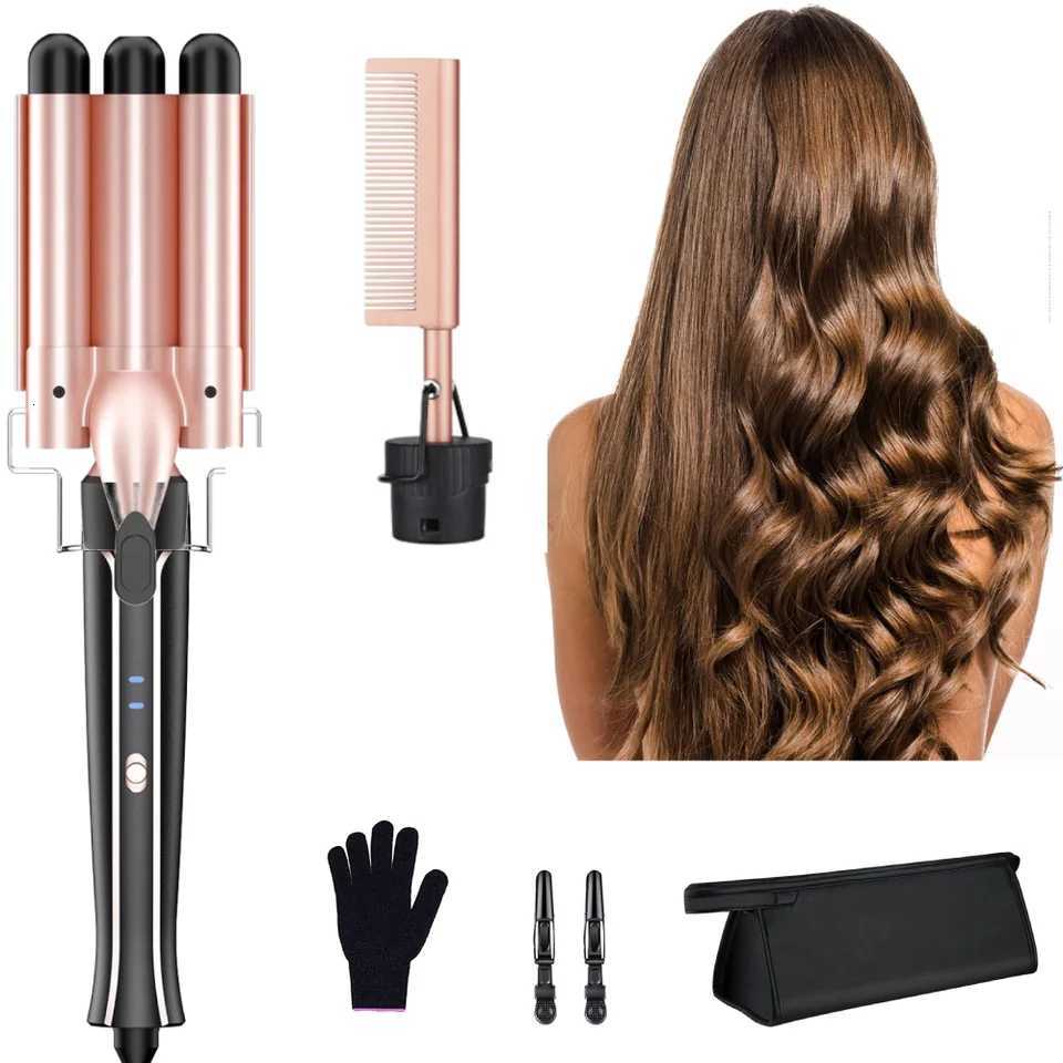 2 in 1Curling Wand Set with Hair Straightener 3 Barrels Hair Crimper Curling Iron 2 Temps Fast Heat Hair Waver Curler C251202