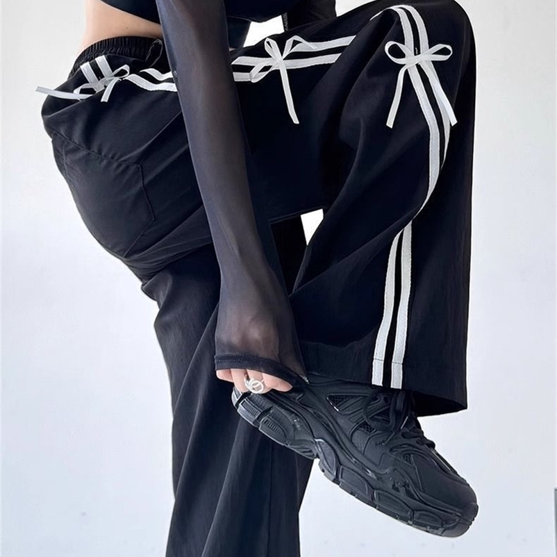 Retro Side Stripe Bowknot Wide Leg Pants Women High Waist Casual Sports Trousers Harajuku Cargo Hip Hop Joggers Z260314