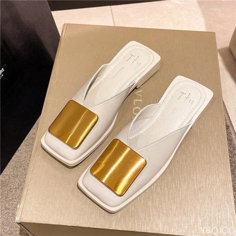 Slippers Brand Designer Women Fashion Metal Buckle Mules Flat Heels Square Toe Shallow Shoes Outdoor Slide Female Casual Sandal