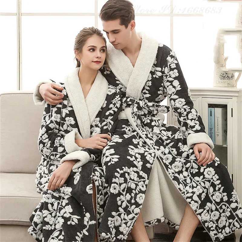Winter Warm Coral Fleece Long Robe Couple Sleepwear Thick Flannel Jacquard Bathrobe Nightwear Loose Casual Homewear Lounge Wear C251202
