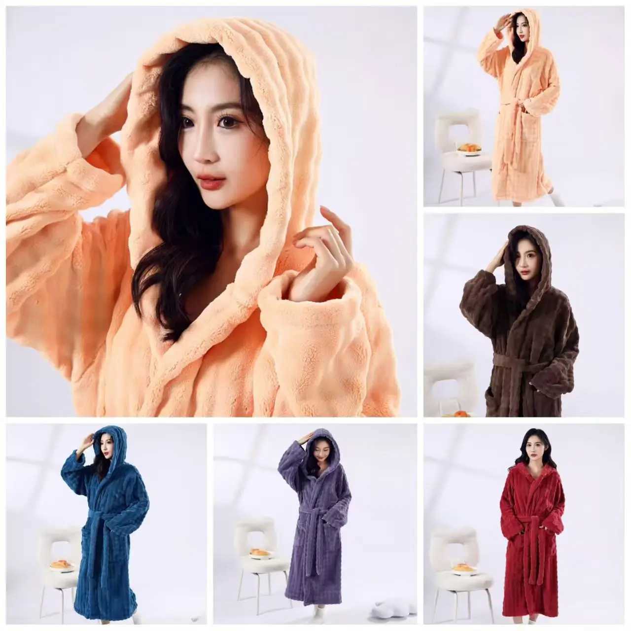 New 2025 style 911g womens hooded bubble fleece bathrobe for autumn winter Non-pure cotton quick-drying absorbent Perfe C251202
