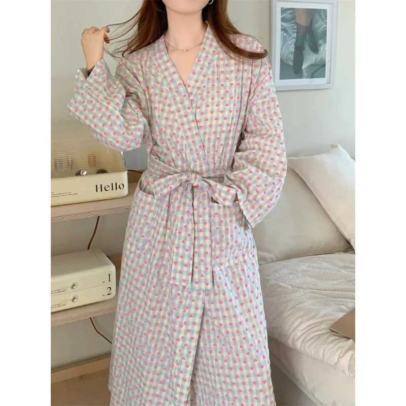 bathrobe womens bathing love plaid loose long sleeve long kimono V-neck lace up trousers nightgown sexy robe womens girl C251202