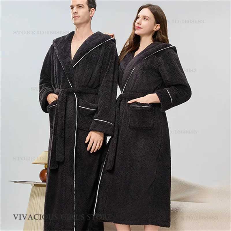 Thicken Flannel Couople Long Robe Winter New Coral Fleece Hooded Kimono Bathrobe Gown Sleepwear Casual Men Women Homewear Pajama C251202