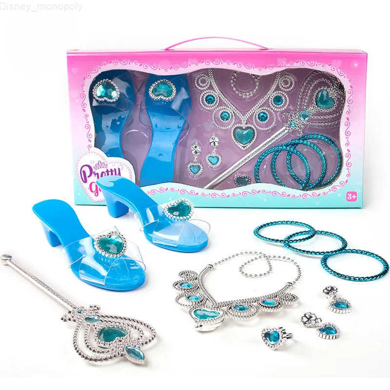 Disney Girls Jewelry Toys Set Crystal Shoes Necklace Crown Earrings Bracelet Play Makeup Dress Up Princess Toys for Kids Role Play H2512021