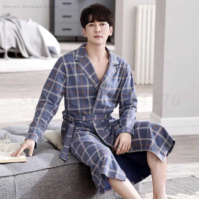 Casual Plaid Bathrobe Man Spring Autumn Cotton Robe Sleepwear Long Sleeve Kimono Male V-Neck Intimate Lingerie Spa Robes L-4XL C251202