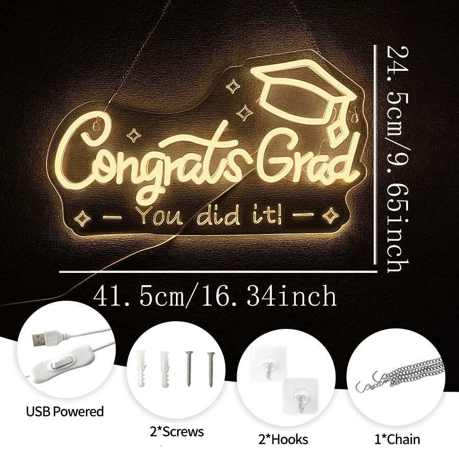 Congrats Grad Neon Sign Warm White Letter Lamp And Bachelor Hat Icon Used For Dormitory And Graduation Activities Art Decor H251201
