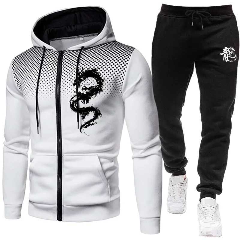 2025 New Arrival Mens Tracksuit Dragon Print Hoodie and Sweatpants Urban Casual Fashion Zipper Sweatshirt Jogger Pants Outfits W251202