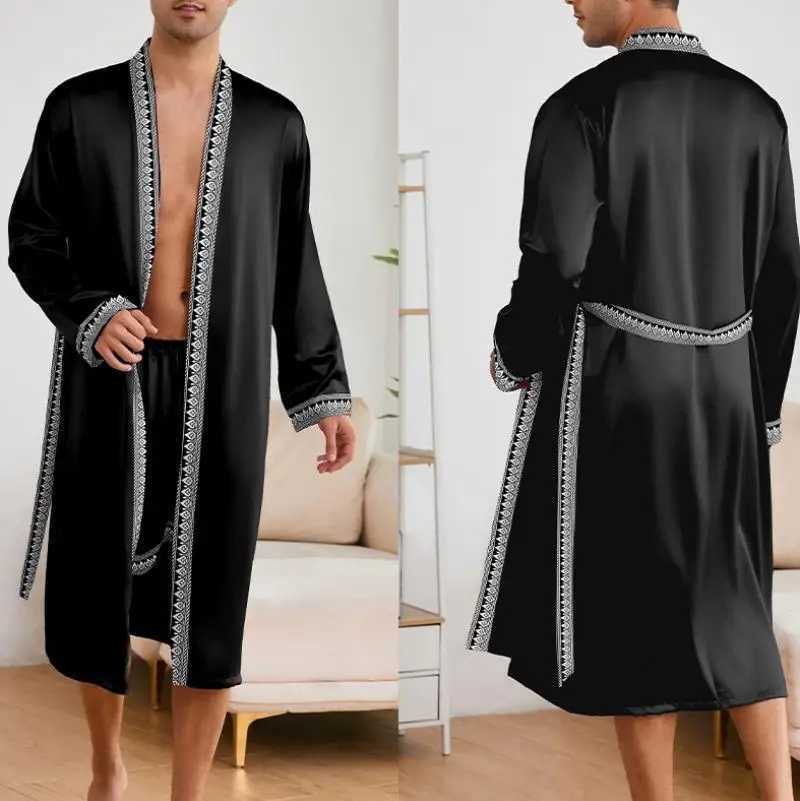 Male Ice Silk Pajamas 2Pcs Robe Suit Man Sleepwear Summer Spring Kimono Loungewear Peignoir Homme Nightwear Bathrobe Gown C251202