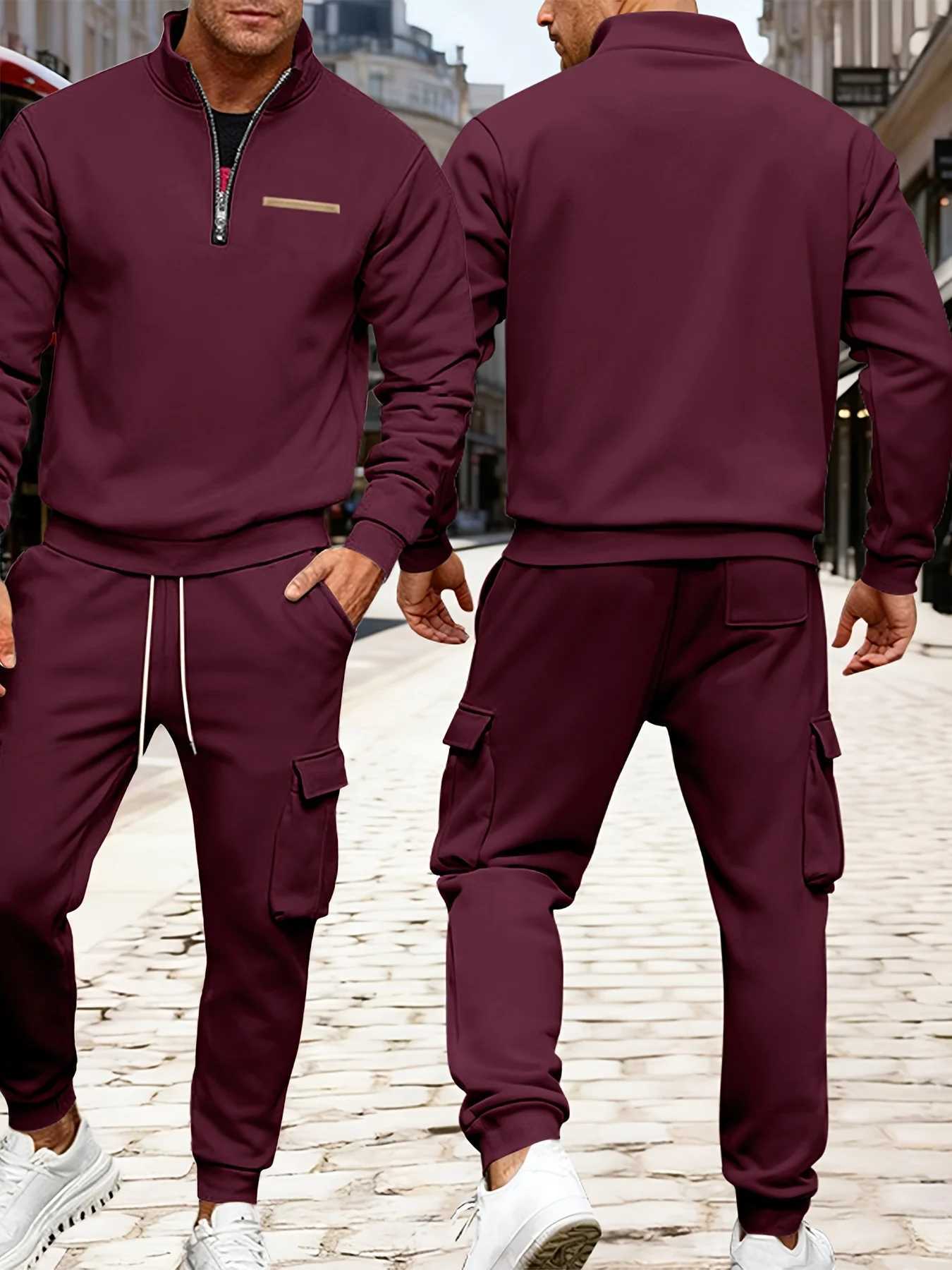 2-piece Autumn and Winter Mousse Fleece Warm Mens Suit Semi-zipper Sweatshirt Multi-pocket Jogging Pants Set W251202