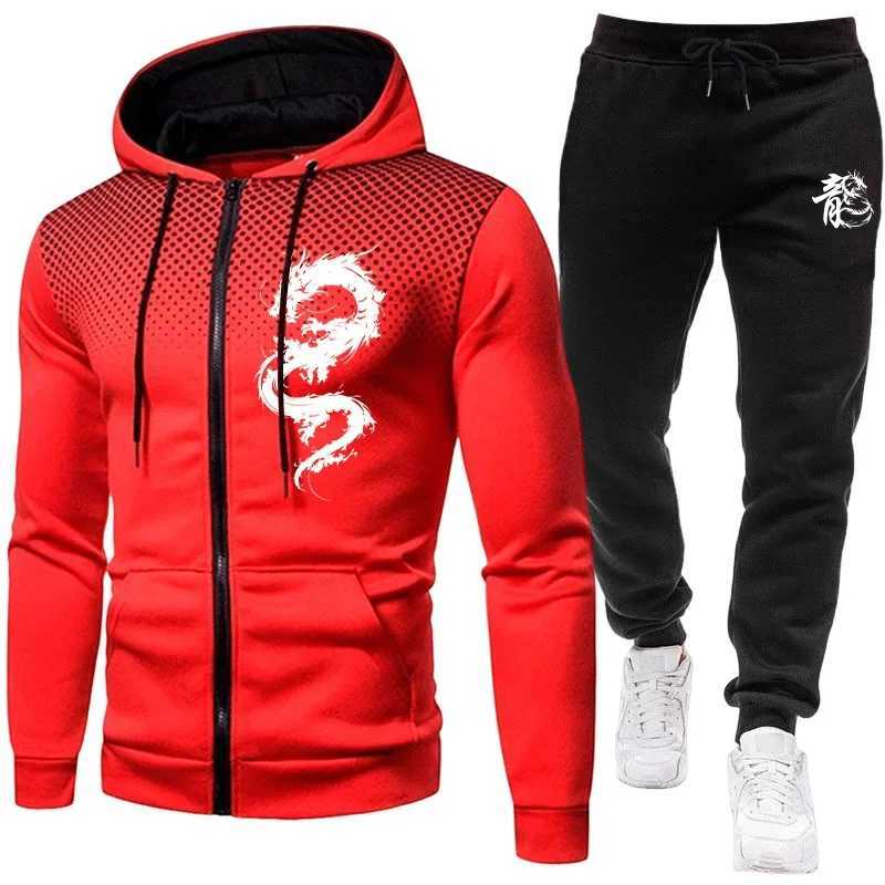 2025 New Arrival Mens Tracksuit Dragon Print Hoodie and Sweatpants Urban Casual Fashion Zipper Sweatshirt Jogger Pants Outfits W251202