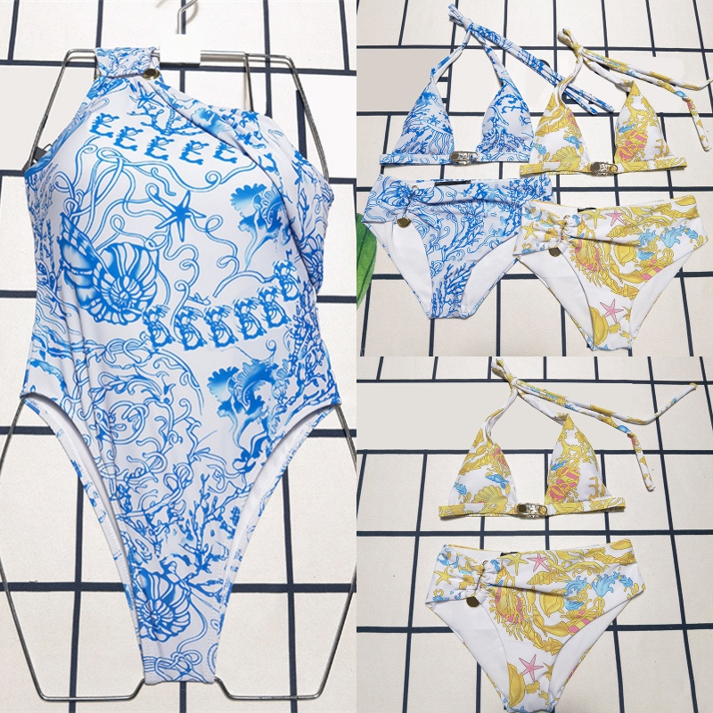 Luxury Printed One Shoulder Swimsuit Women Beach Suit Designer Triangle Bikini Brand Summer Yacht Surfing Diving Swimwear