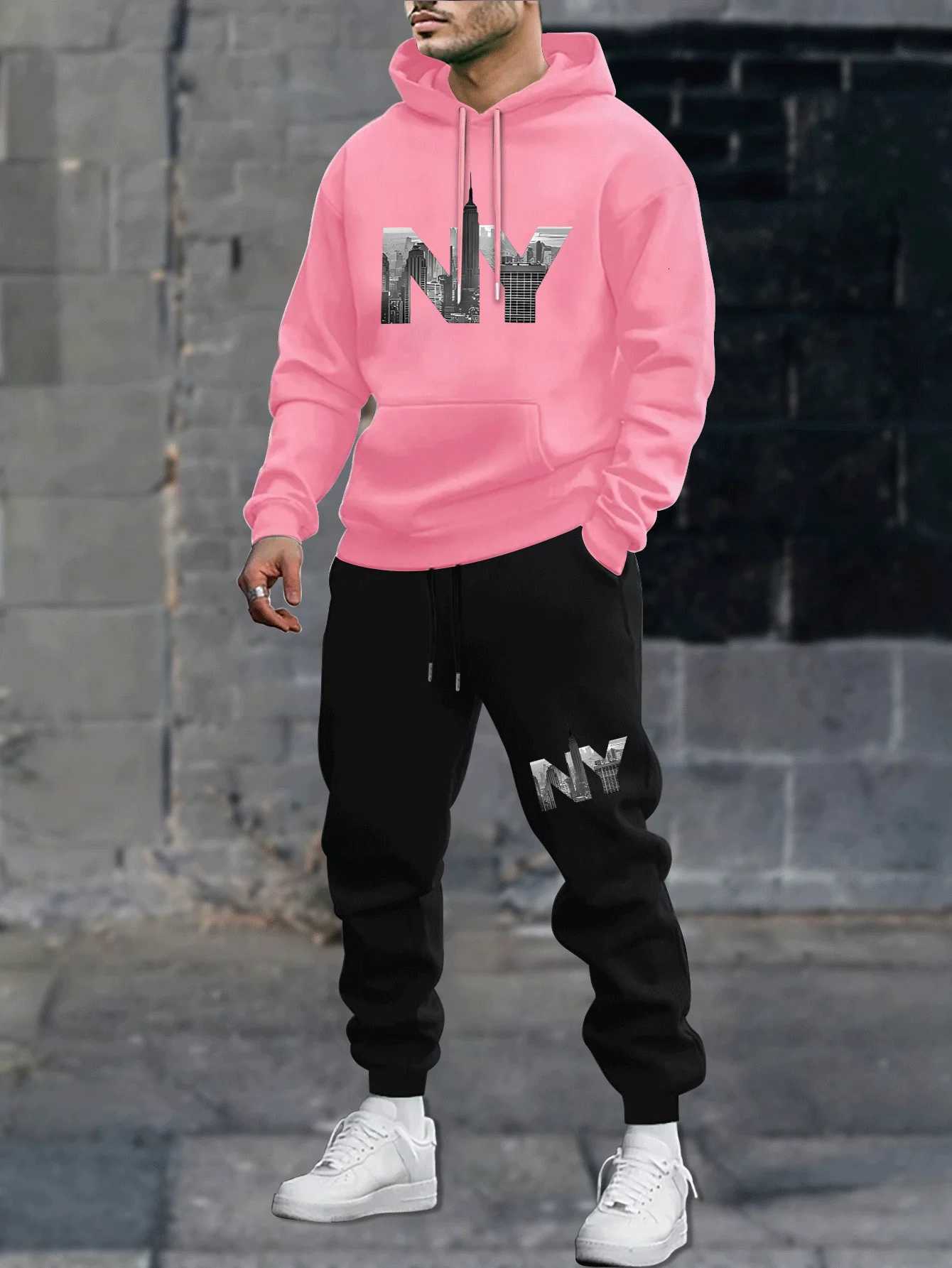 Mens autumn and winter casual fashion warm New York NY pattern print loose and plush thick hooded sweatshirtsports pants set W251202