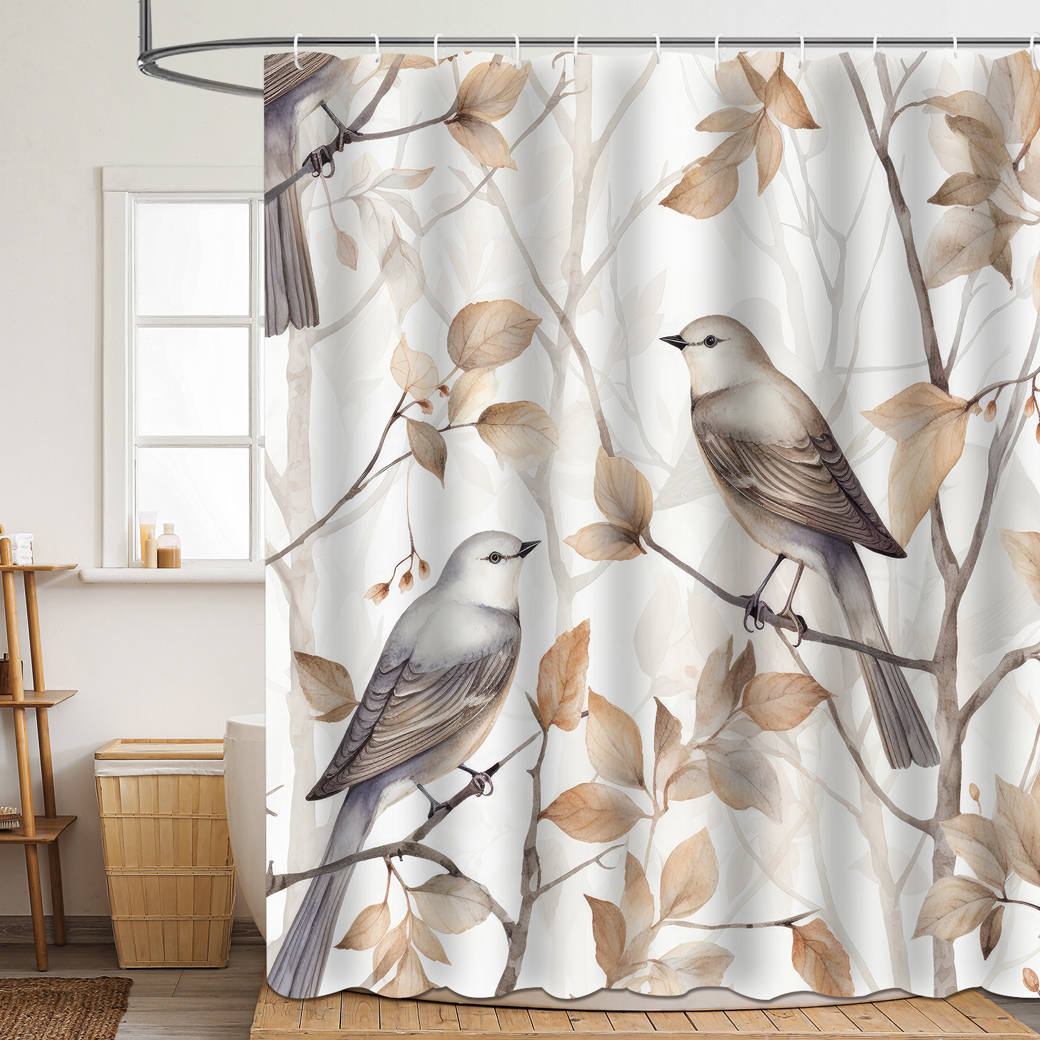 YL-37864 High-definition digital printed floral and bird shower curtain, waterproof, moisture-proof, no-drill bathroom partition curtain