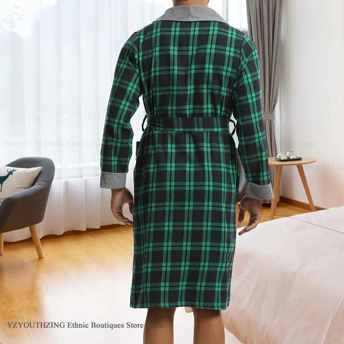 Autumn Men Robe Kimono Gown Bathrobe Gown Loose Casual Male Home Clothing Sleepwear Green Plaid Loungewear Nightwear Negligee C251202