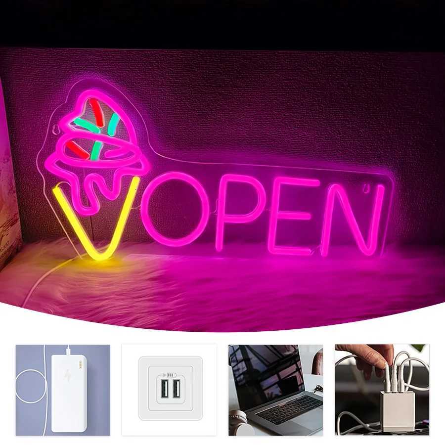 Ice Cream Cone Neon Sign Open Pink Letter Lamp Usb Powered Used In Restaurants Cafes Ice Cream Shops Business Decor Lights H251201