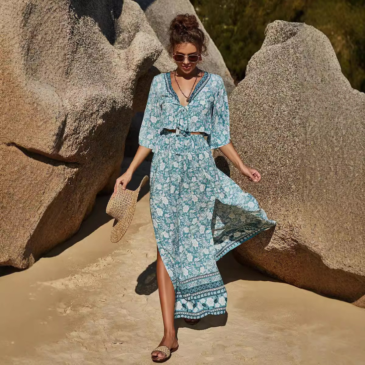 Urban Sexy Dresses TEELYNN Vintage Women Two Piece Dress Women Puff Sleeve Crop Top Maxi Skirts 2 Pieces Sets Cotton Boho Beach Summer Vestidos 230719