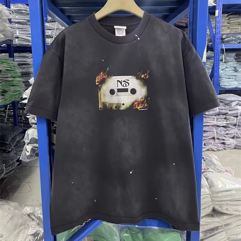 Letter Printed Pattern Vintage Washed High Street T-shirt Pure Cotton Loose Round Neck Men Short Sleeved