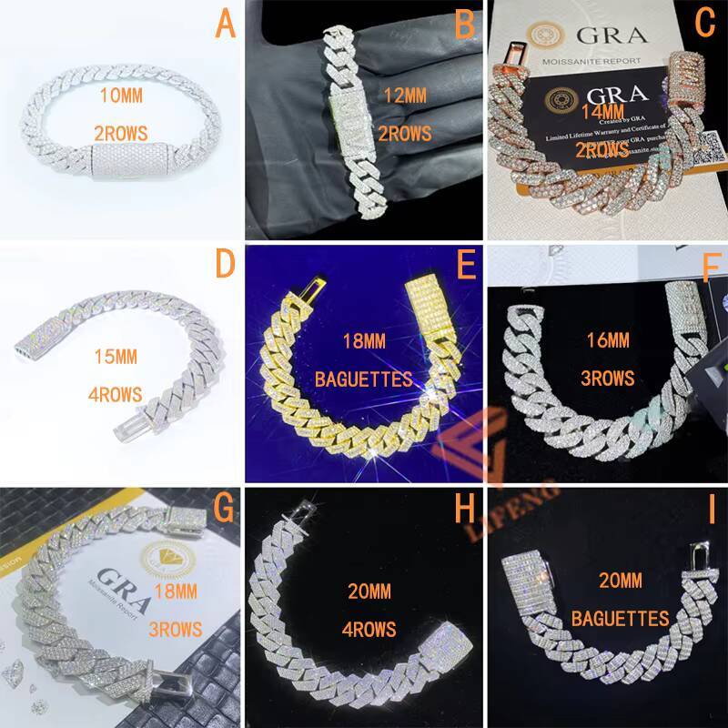10mm 12mm 925 Sterling Silver Two Rows Moissanite Iced Flap Buckle Cuban Link Chain Bracelet for Men Hip Hop Jewelry