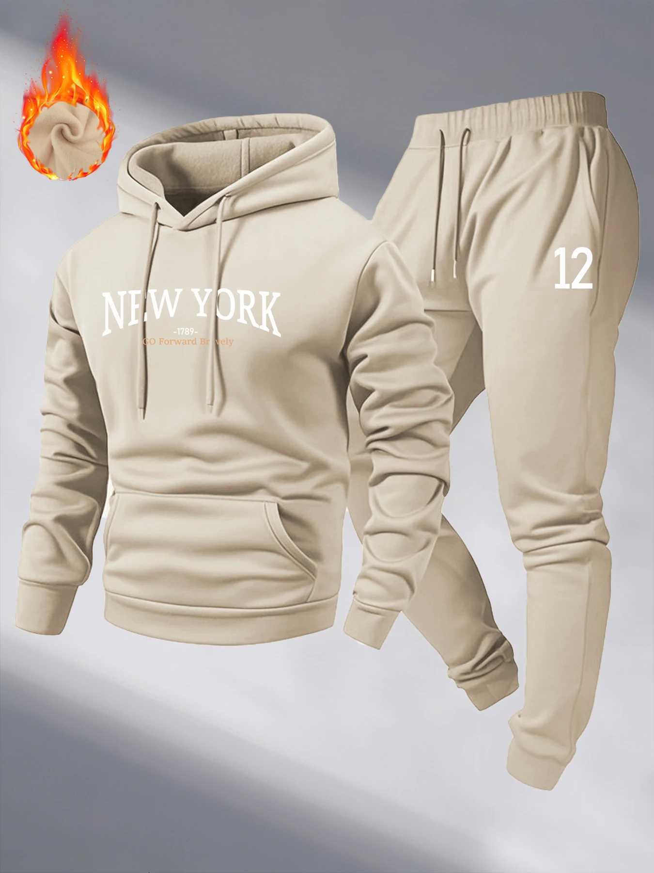 Mens Autumn and Winter Pattern Casual Two-Piece Set Hooded Sweatshirt and Pants with Pockets Regular Fit Outdoor Sport Suit W251202