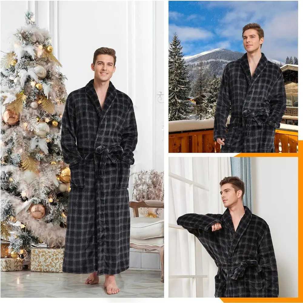 Large Plaid Shawl Collar Full-Length Fleece Bathrobe for Men C251202