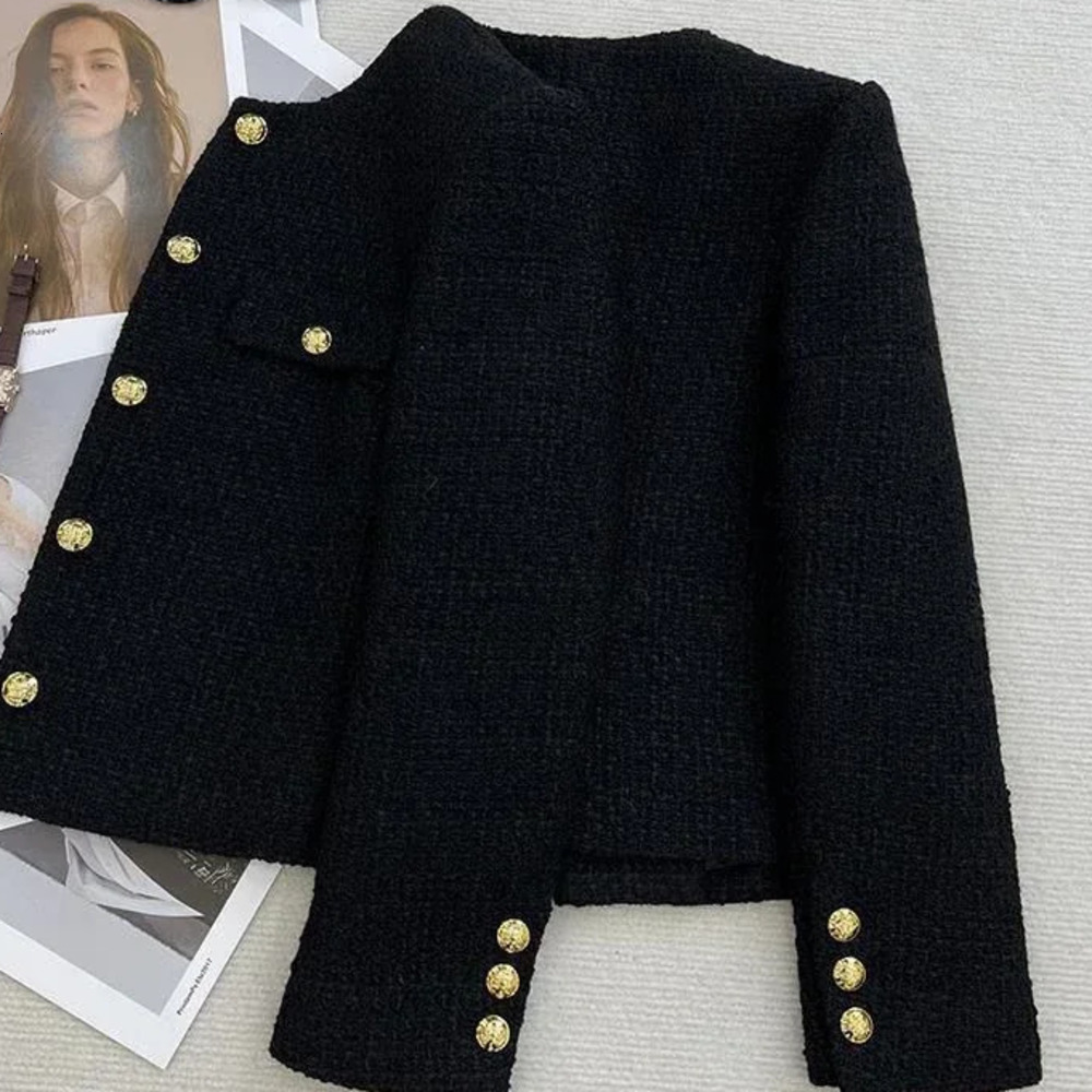 Black Tweed Womens Jacket Retro Metal Buckle Short Coat Womens Elegant Single Chest 241125