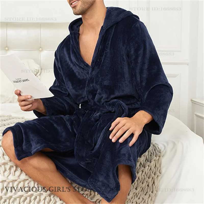 Flanne Mens Long Robe Hooded Kimono Bathrobe Gown Homewear Autumn Winter Thicken Warm Sleepwear Negligee Loose Casual Nightwear C251202