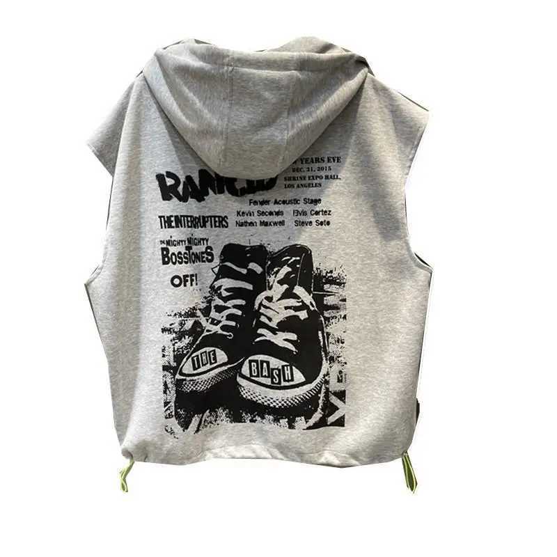 Fashion Printed Letter Sleeveless Zipper Hooded Sweatshirts Men Clothing 2025 Summer New Loose Punk Tank Top Casual Sweatshirts J251203